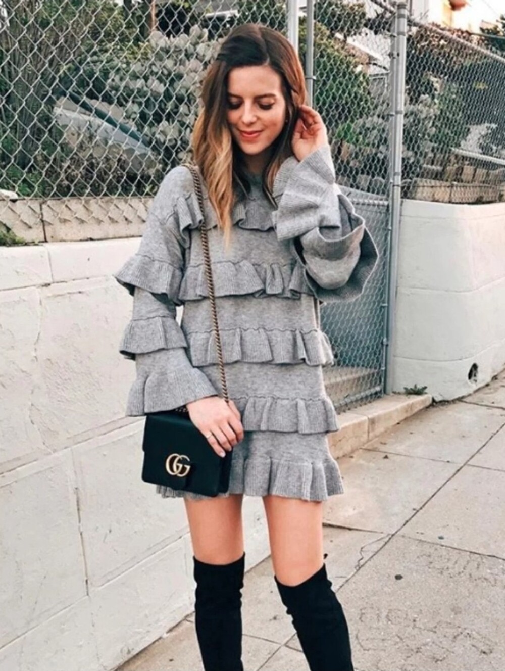 Soft Cozy Gray Layered Ruffle Trim Flounce Long Sleeve Sweater Dress Size Large